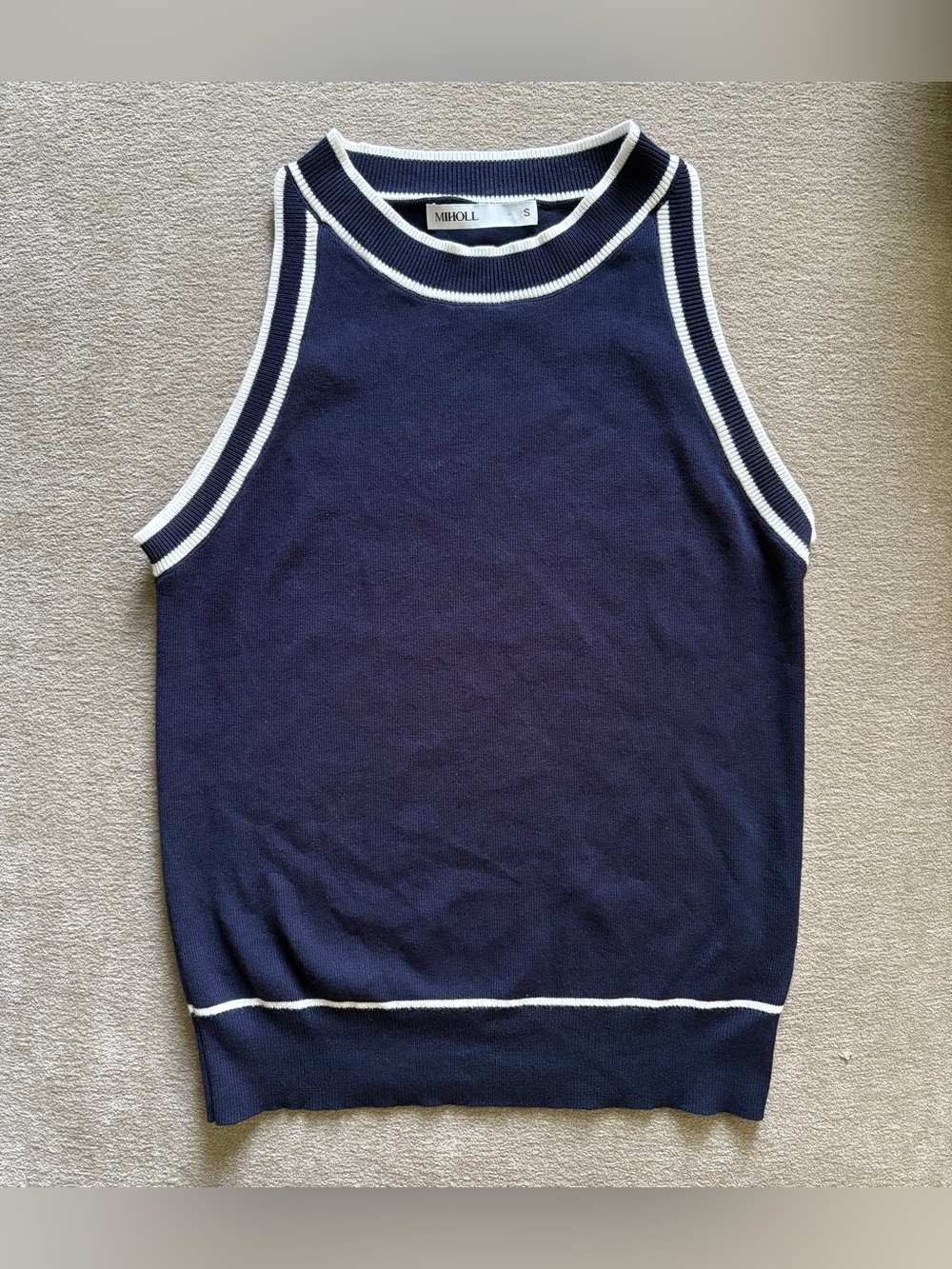 Navy Halter Knit Tank with White Trim